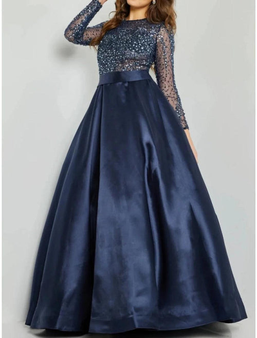 NumberSea - A - Line Evening Gown Sparkle & Shine Dress Formal Wedding Guest Floor Length Long Sleeve Jewel Neck Sequined with Glitter Pleats