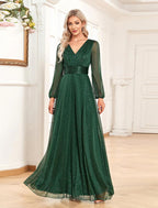 NumberSea - A - Line Evening Gown Sparkle & Shine Dress Formal Wedding Party Dress Floor Length Long Sleeve V Neck Chiffon with Sequin