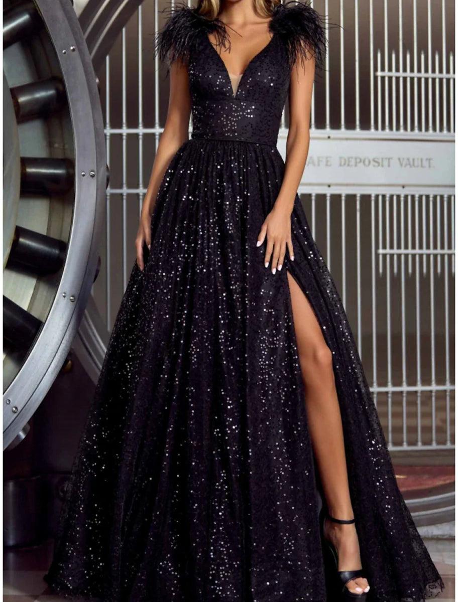NumberSea - A - Line Evening Gown Sparkly Black Dress Plus Size Formal Sweep / Brush Train Short Sleeve V Neck Sequined with Feather Sequin