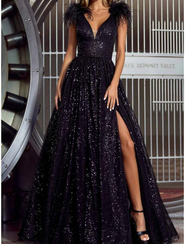 NumberSea - A - Line Evening Gown Sparkly Black Dress Plus Size Formal Sweep / Brush Train Short Sleeve V Neck Sequined with Feather Sequin