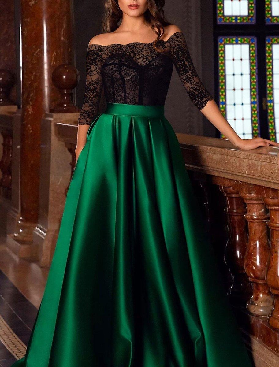 NumberSea - A - Line Evening Gown Vintage Dress Masquerade Engagement Floor Length 3/4 Length Sleeve Off Shoulder Satin with Appliques