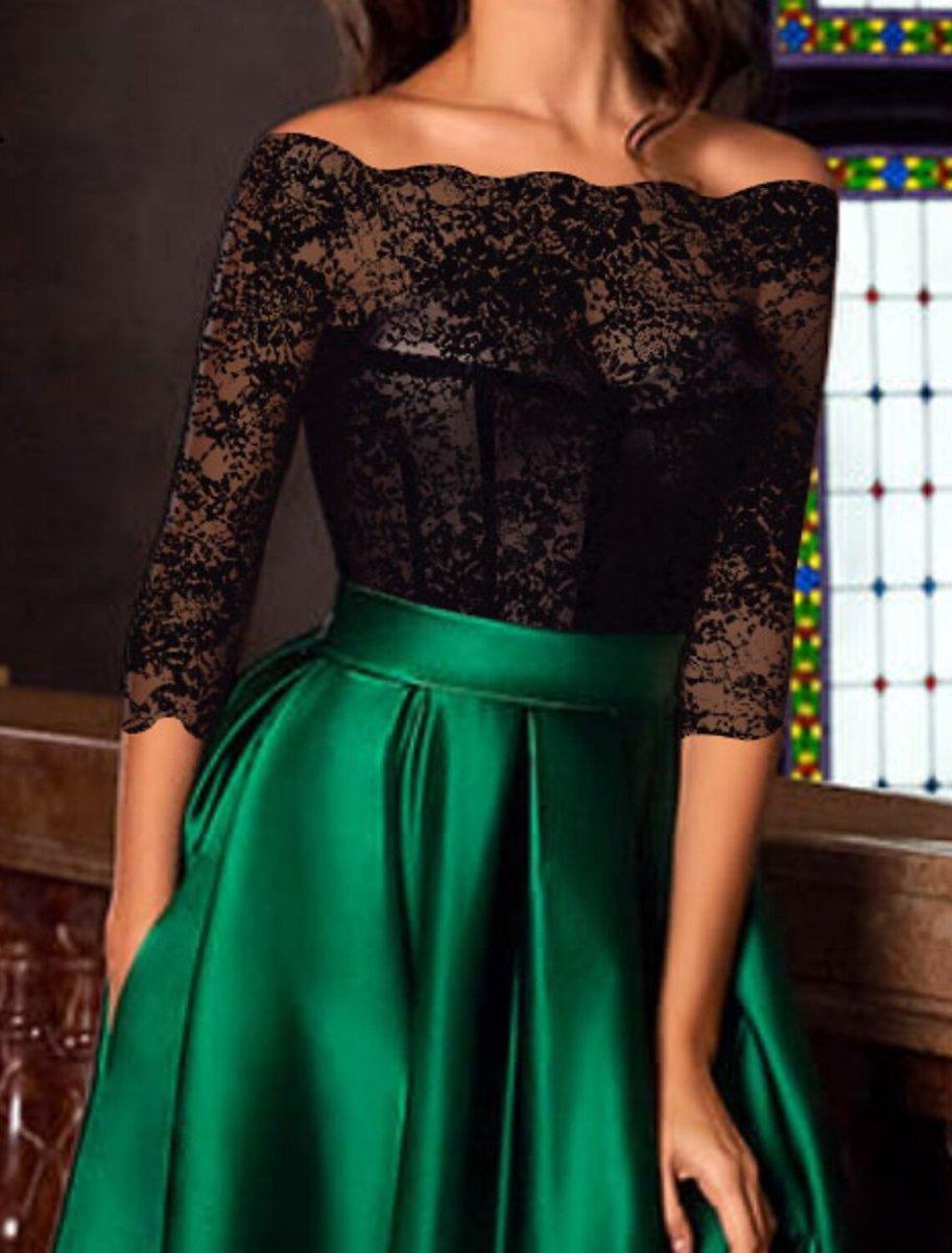 NumberSea - A - Line Evening Gown Vintage Dress Masquerade Engagement Floor Length 3/4 Length Sleeve Off Shoulder Satin with Appliques