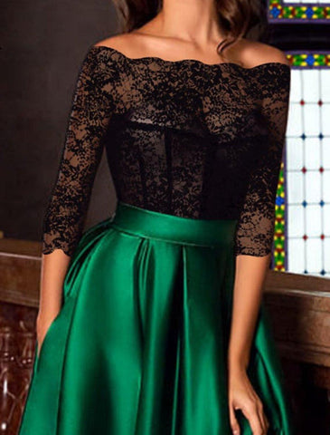 NumberSea - A - Line Evening Gown Vintage Dress Masquerade Engagement Floor Length 3/4 Length Sleeve Off Shoulder Satin with Appliques