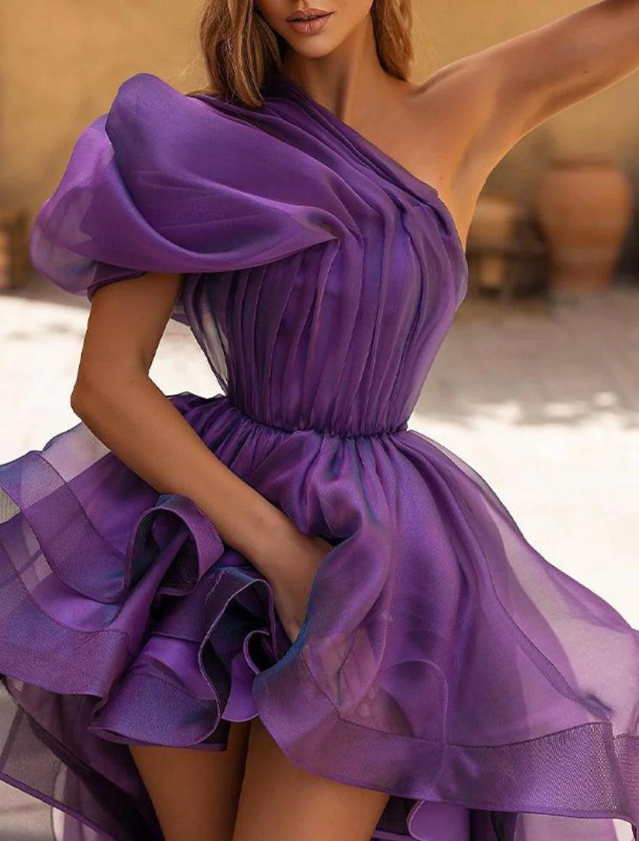 NumberSea - A - Line Evening Gown Wedding Prom Dress Sexy High Low Formal Dress Purple Sleeveless One Shoulder Organza with Ruffles Pure Color
