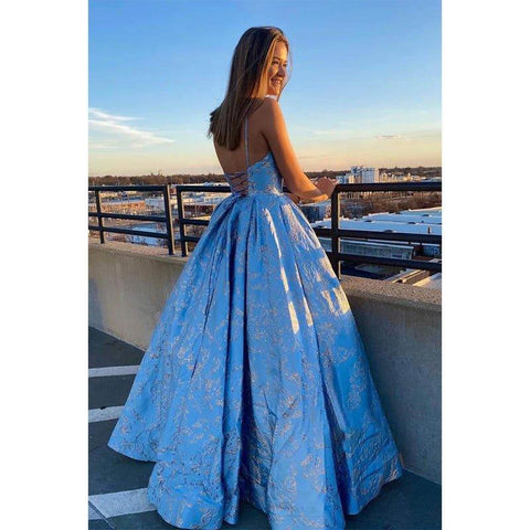 NumberSea - A - line Exquisite Lace V - neck Spaghetti Straps Long Prom Dress Lace - up