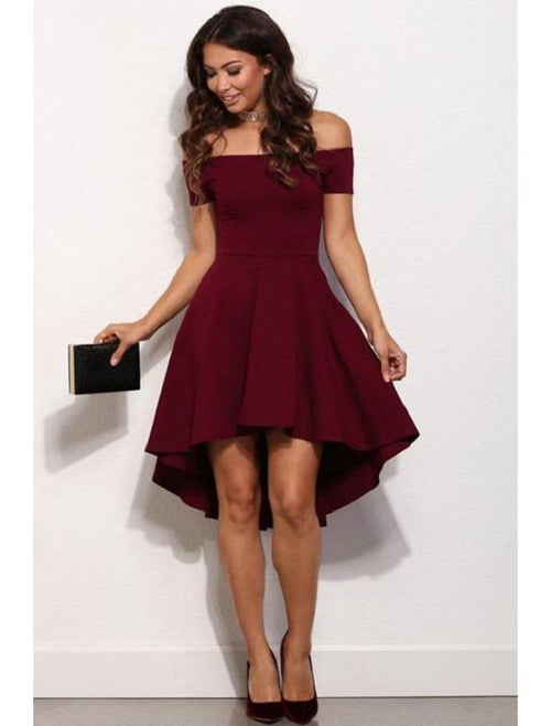 NumberSea - A - Line Fairy Cute Homecoming Party Wear Dress Off Shoulder Short Sleeve Short / Mini Stretch Satin with Pure Color