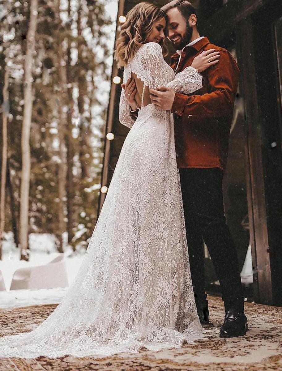 NumberSea - A - Line Fall Wedding Dresses Ankle Length Vintage Little White Dresses Long Sleeve V Neck Chiffon Outdoor Bridal Gowns With Solid Color