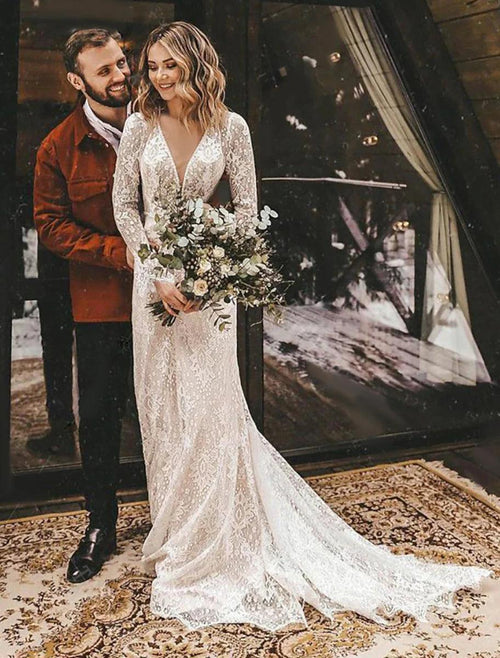 NumberSea - A - Line Fall Wedding Dresses Ankle Length Vintage Little White Dresses Long Sleeve V Neck Chiffon Outdoor Bridal Gowns With Solid Color