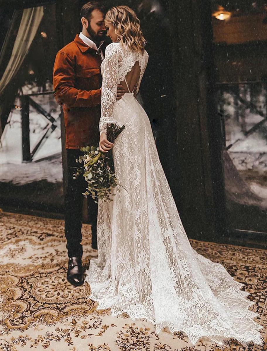 NumberSea-A-Line Fall Wedding Dresses Ankle Length Vintage Little White Dresses Long Sleeve V Neck Chiffon Outdoor Bridal Gowns With Solid Color US 2