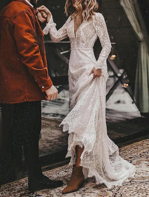 NumberSea - A - Line Fall Wedding Dresses Ankle Length Vintage Little White Dresses Long Sleeve V Neck Chiffon Outdoor Bridal Gowns With Solid Color