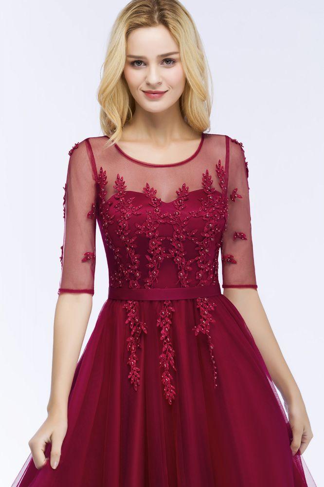 A-Linie Bodenlanges Tüll-Brautjungfernkleid mit Applikationen Halbarm Abendkleid