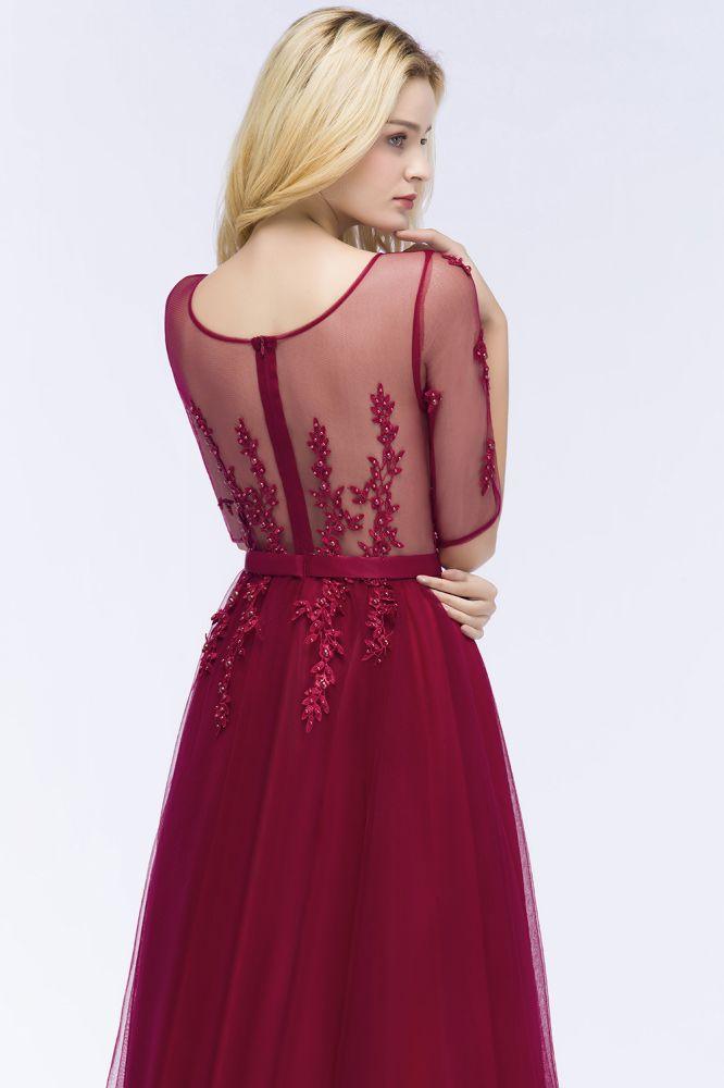 A-Linie Bodenlanges Tüll-Brautjungfernkleid mit Applikationen Halbarm Abendkleid