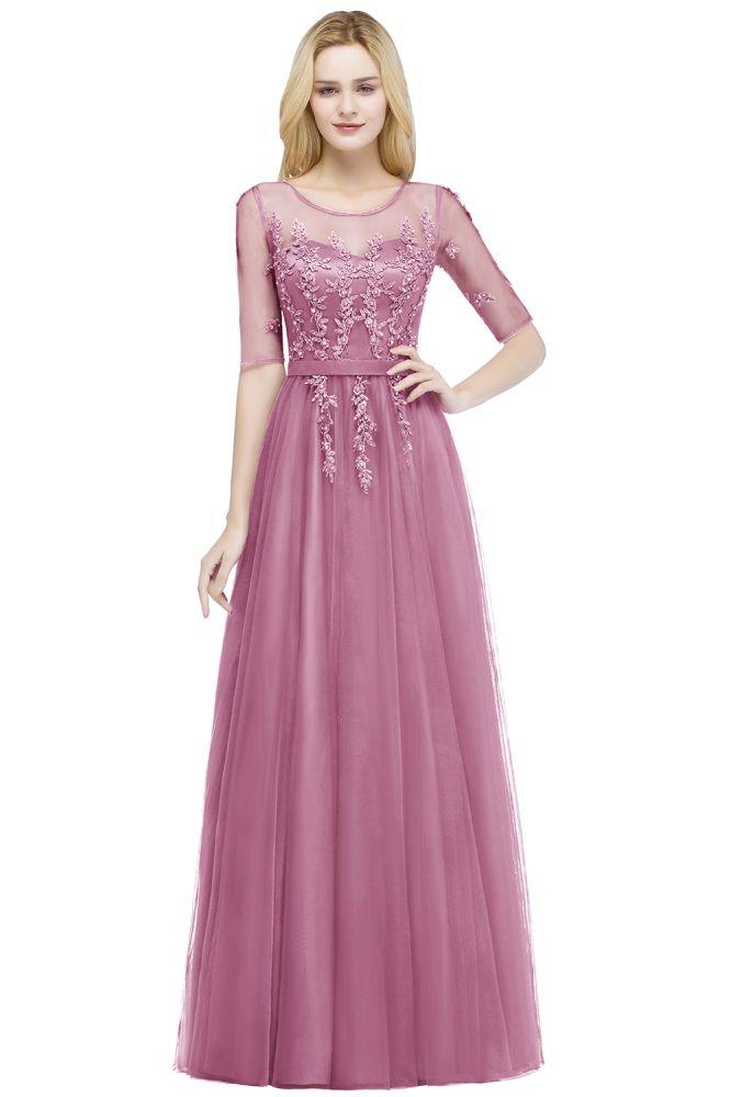 A-Linie Bodenlanges Tüll-Brautjungfernkleid mit Applikationen Halbarm Abendkleid