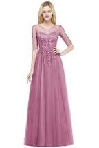 A-Linie Bodenlanges Tüll-Brautjungfernkleid mit Applikationen Halbarm Abendkleid