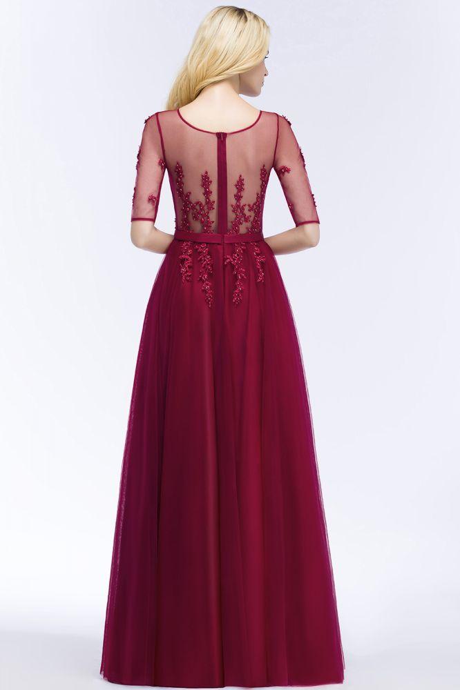 A-Linie Bodenlanges Tüll-Brautjungfernkleid mit Applikationen Halbarm Abendkleid
