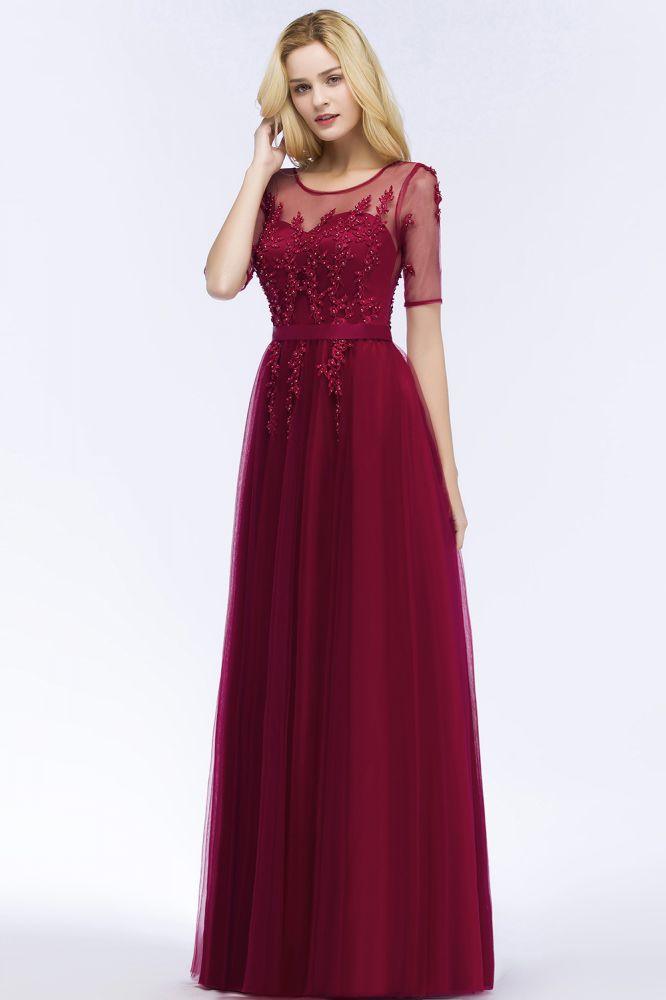 A-Linie Bodenlanges Tüll-Brautjungfernkleid mit Applikationen Halbarm Abendkleid