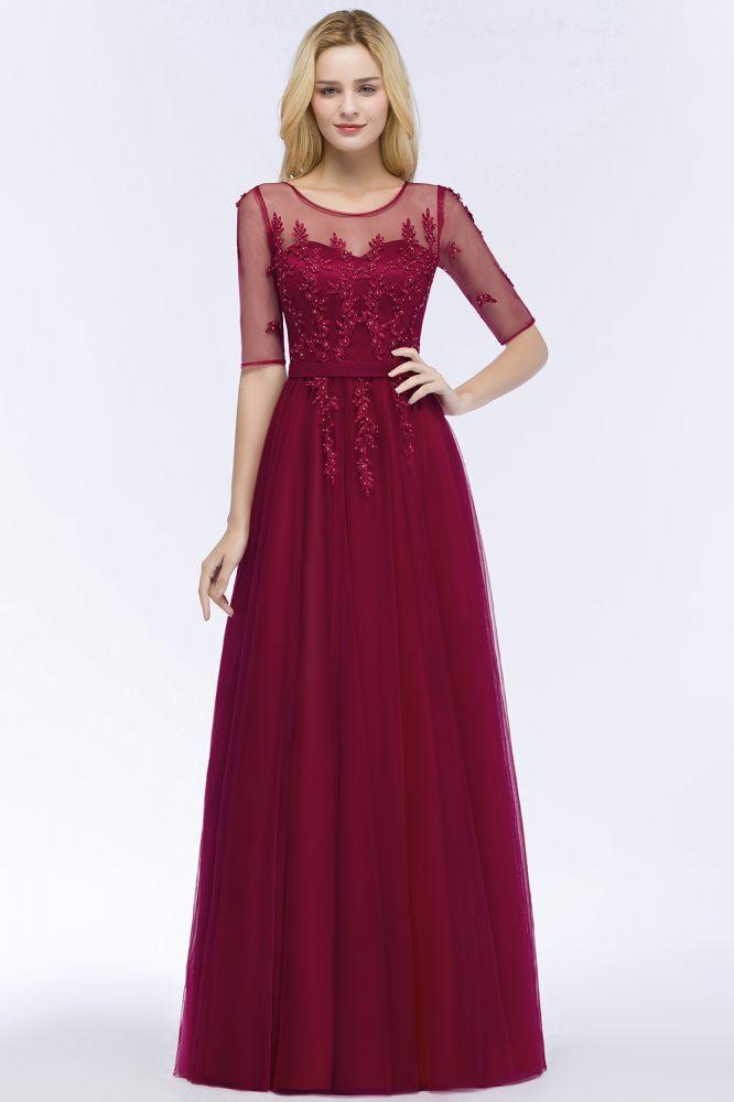 A-Linie Bodenlanges Tüll-Brautjungfernkleid mit Applikationen Halbarm Abendkleid