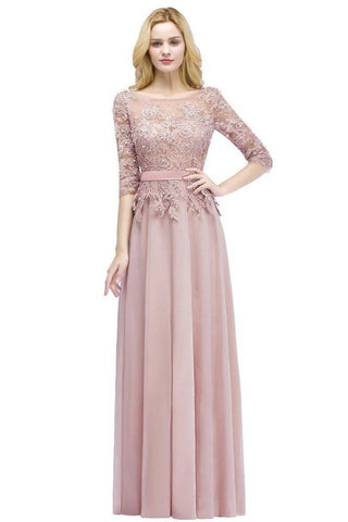 Numbersea A-line Floor Length Half Sleeves Appliques Bridesmaid Dresses with Sash