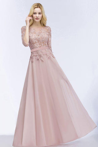 Numbersea A-line Floor Length Half Sleeves Appliques Bridesmaid Dresses with Sash