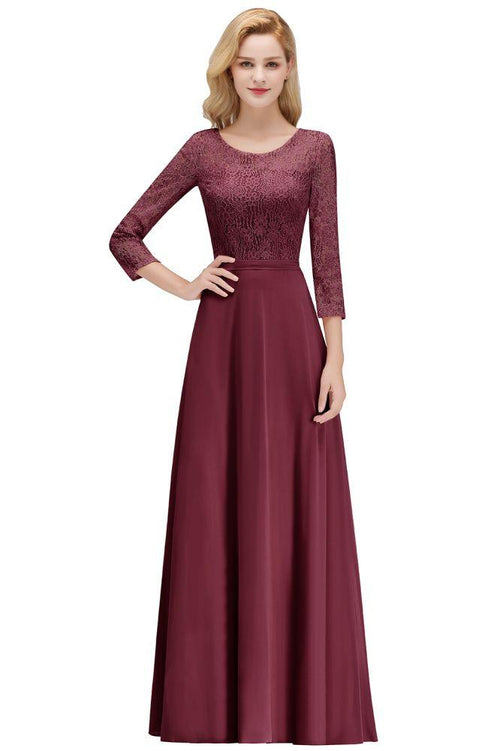 Vestidos de dama de honor de gasa con encaje, corte A y longitud hasta el suelo, con mangas