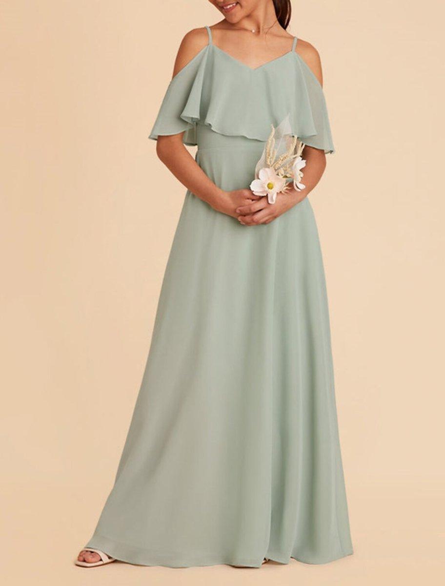 NumberSea - A - Line Floor Length Square Neck Chiffon Junior Bridesmaid Dresses&Gowns With Ruffles Solid Color Kids Wedding Guest Dress 4 - 16 Year