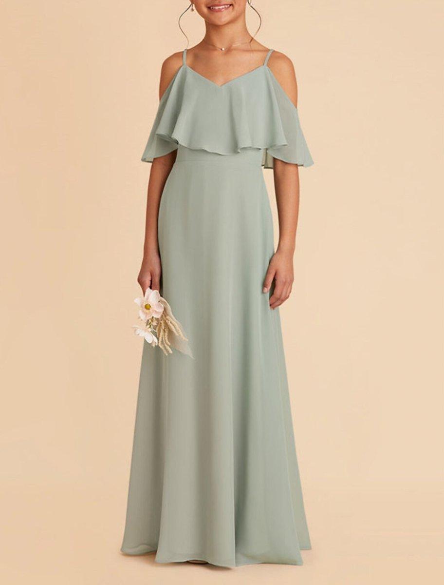 NumberSea - A - Line Floor Length Square Neck Chiffon Junior Bridesmaid Dresses&Gowns With Ruffles Solid Color Kids Wedding Guest Dress 4 - 16 Year