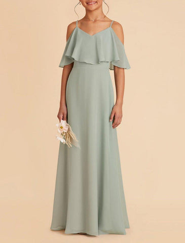 NumberSea - A - Line Floor Length Square Neck Chiffon Junior Bridesmaid Dresses&Gowns With Ruffles Solid Color Kids Wedding Guest Dress 4 - 16 Year