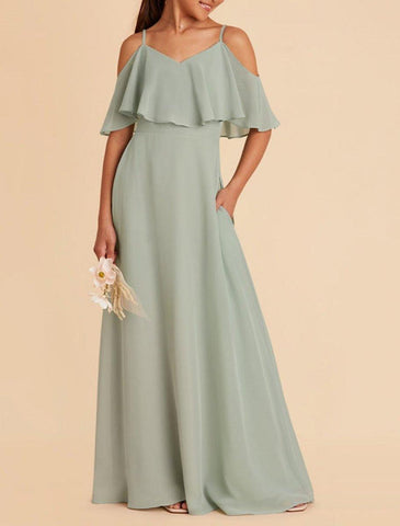 NumberSea - A - Line Floor Length Square Neck Chiffon Junior Bridesmaid Dresses&Gowns With Ruffles Solid Color Kids Wedding Guest Dress 4 - 16 Year