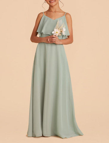 NumberSea - A - Line Floor Length Square Neck Chiffon Junior Bridesmaid Dresses&Gowns With Ruffles Solid Color Kids Wedding Guest Dress 4 - 16 Year