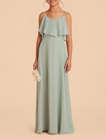 NumberSea - A - Line Floor Length Square Neck Chiffon Junior Bridesmaid Dresses&Gowns With Ruffles Solid Color Kids Wedding Guest Dress 4 - 16 Year