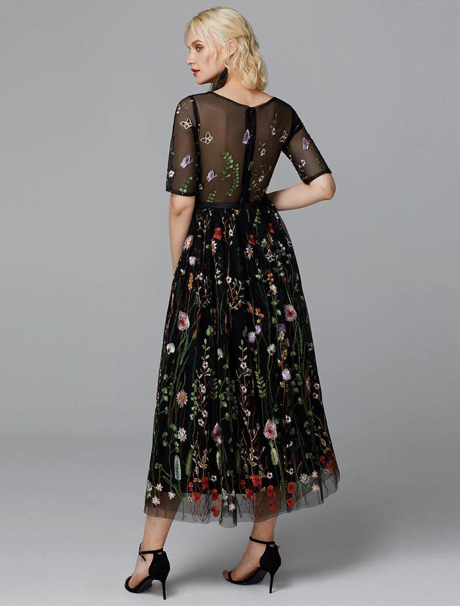 NumberSea - A - Line Floral Dress Holiday Wedding Guest Tea Length Half Sleeve Illusion Neck Lace with Embroidery Appliques