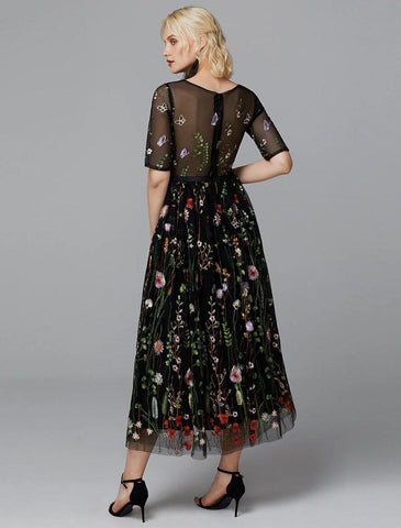 NumberSea - A - Line Floral Dress Holiday Wedding Guest Tea Length Half Sleeve Illusion Neck Lace with Embroidery Appliques