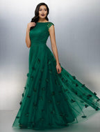 NumberSea - A - Line Floral Dress Wedding Guest Floor Length Short Sleeve Boat Neck Tulle with Crystals Appliques
