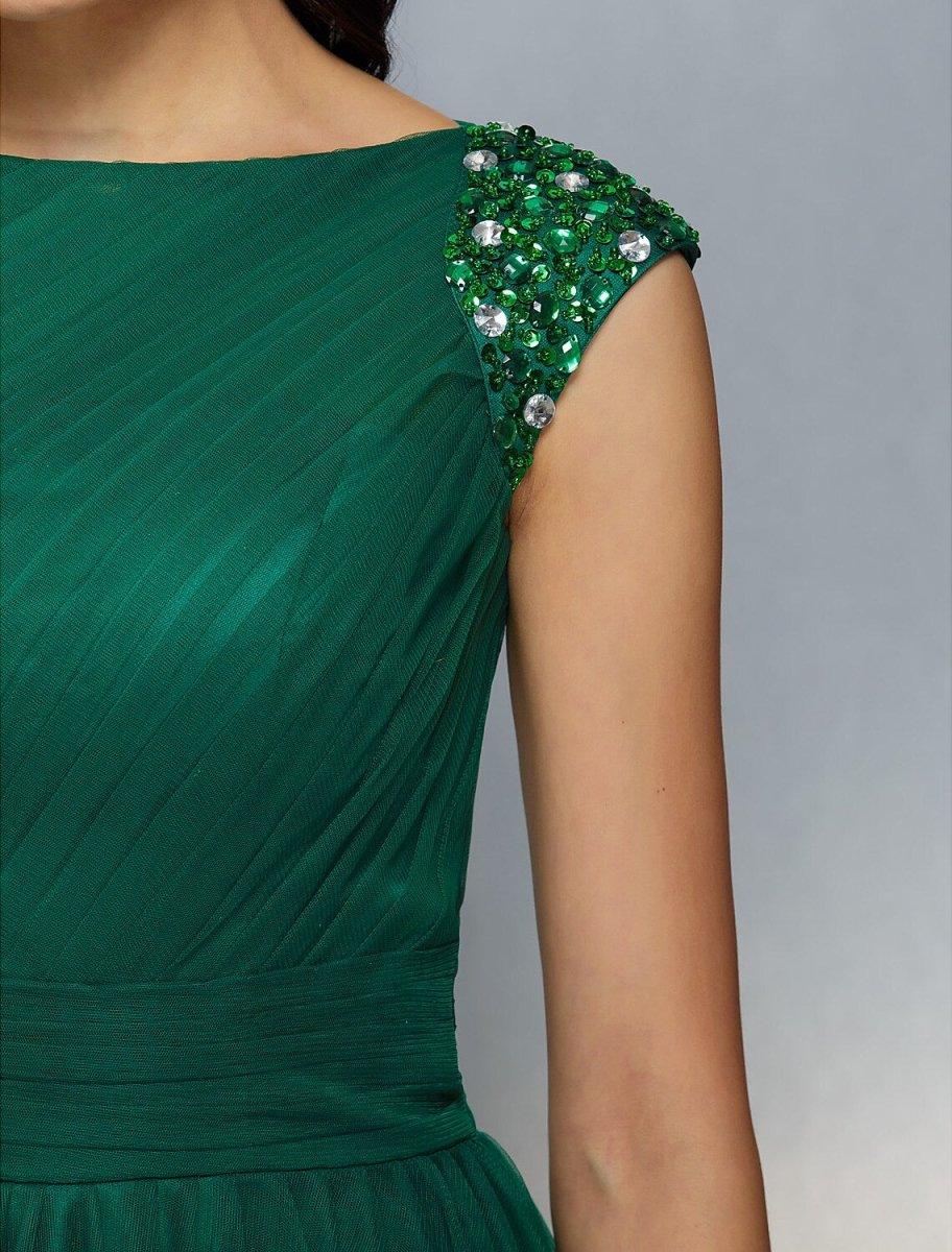 NumberSea - A - Line Floral Dress Wedding Guest Floor Length Short Sleeve Boat Neck Tulle with Crystals Appliques