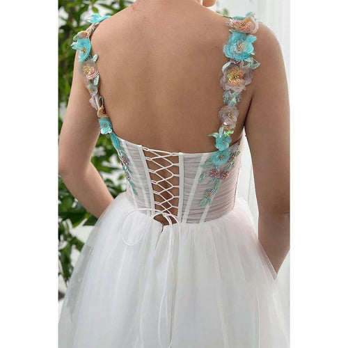 NumberSea - A - line Floral Spaghetti Straps White Formal Evening Dress Wedding Party Dress