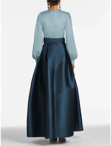 NumberSea - A - Line Formal Satin Pocket Christmas Red Green Dress Long Sleeve Blue Evening Gown High Split Wedding Guest Dress Fall Wedding Floor Length Color Contrast V Neck Belt / Sash Navy with Pleats Slit