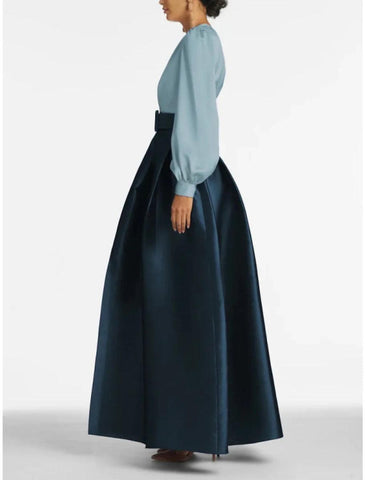 NumberSea - A - Line Formal Satin Pocket Christmas Red Green Dress Long Sleeve Blue Evening Gown High Split Wedding Guest Dress Fall Wedding Floor Length Color Contrast V Neck Belt / Sash Navy with Pleats Slit