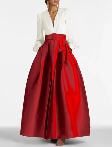 NumberSea - A - Line Formal Satin Pocket Christmas Red Green Dress Long Sleeve Blue Evening Gown High Split Wedding Guest Dress Fall Wedding Floor Length Color Contrast V Neck Belt / Sash Navy with Pleats Slit