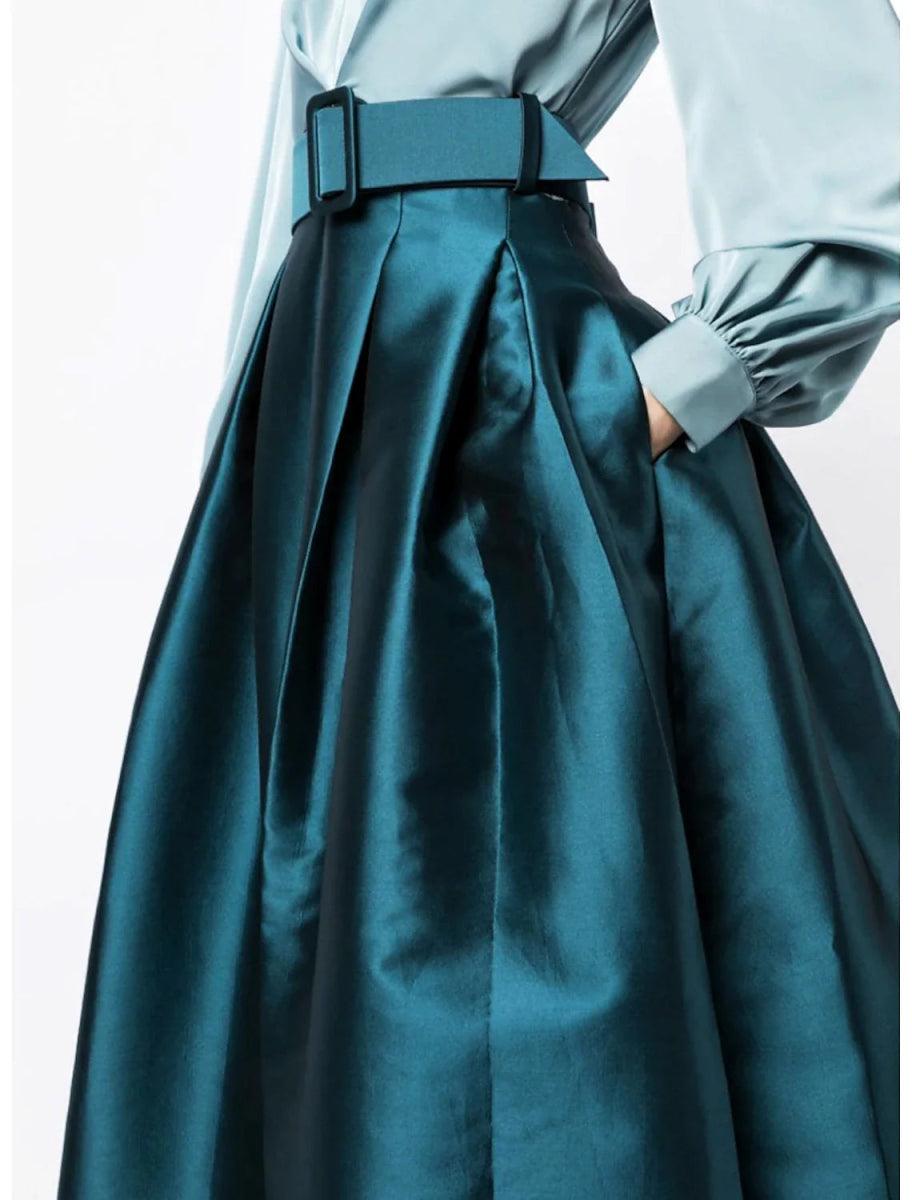 NumberSea - A - Line Formal Satin Pocket Christmas Red Green Dress Long Sleeve Blue Evening Gown High Split Wedding Guest Dress Fall Wedding Floor Length Color Contrast V Neck Belt / Sash Navy with Pleats Slit