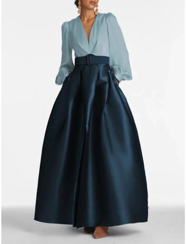 NumberSea - A - Line Formal Satin Pocket Christmas Red Green Dress Long Sleeve Blue Evening Gown High Split Wedding Guest Dress Fall Wedding Floor Length Color Contrast V Neck Belt / Sash Navy with Pleats Slit