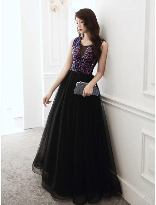 NumberSea - A - Line Glittering Minimalist Wedding Guest Prom Dress V Neck Sleeveless Floor Length Sequined with Sequin