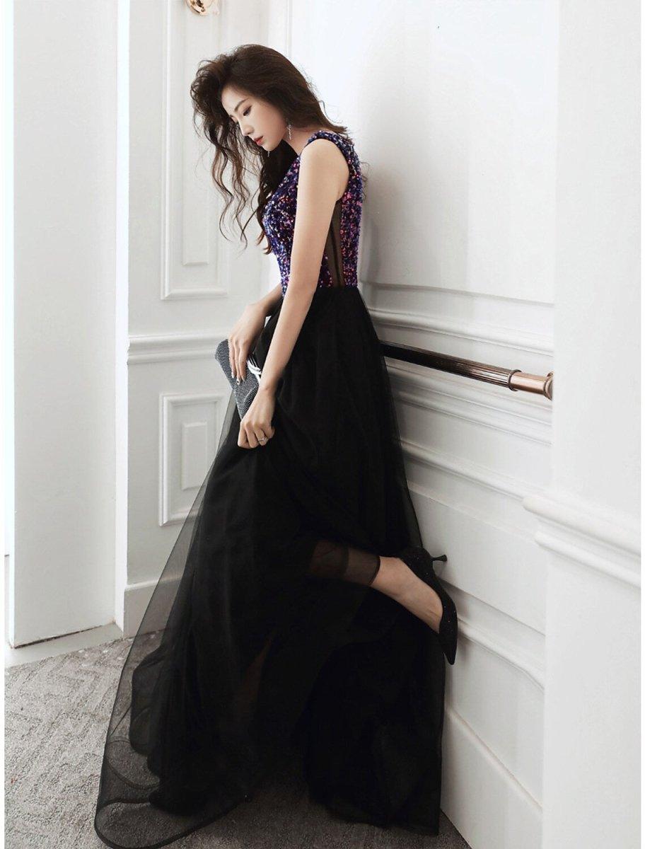 NumberSea - A - Line Glittering Minimalist Wedding Guest Prom Dress V Neck Sleeveless Floor Length Sequined with Sequin