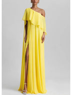 NumberSea - A - Line Gown Elegant Formal Wedding Guest Floor Length Sleeveless One Shoulder Stretch Chiffon with Ruffles Slit Evening Dress