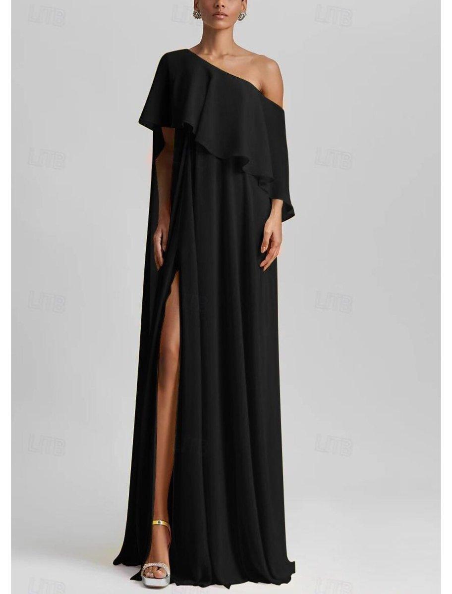 NumberSea - A - Line Gown Elegant Formal Wedding Guest Floor Length Sleeveless One Shoulder Stretch Chiffon with Ruffles Slit Evening Dress