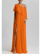 NumberSea - A - Line Gown Elegant Formal Wedding Guest Floor Length Sleeveless One Shoulder Stretch Chiffon with Ruffles Slit Evening Dress