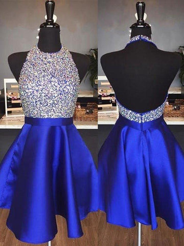 NumberSea - A - Line Halter Cut Short With Beading Satin Royal Blue Homecoming Dresses