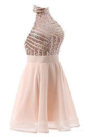 A-Line Halter Short Pink Chiffon Homecoming/Cocktail Dress with Sequins