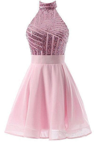 A-Line Halter Short Pink Chiffon Homecoming/Cocktail Dress with Sequins