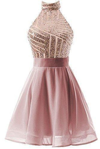 A-Line Halter Short Pink Chiffon Homecoming/Cocktail Dress with Sequins