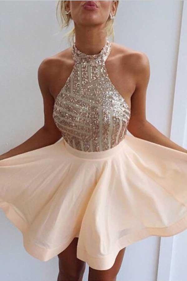 A-Line Halter Short Pink Chiffon Homecoming/Cocktail Dress with Sequins